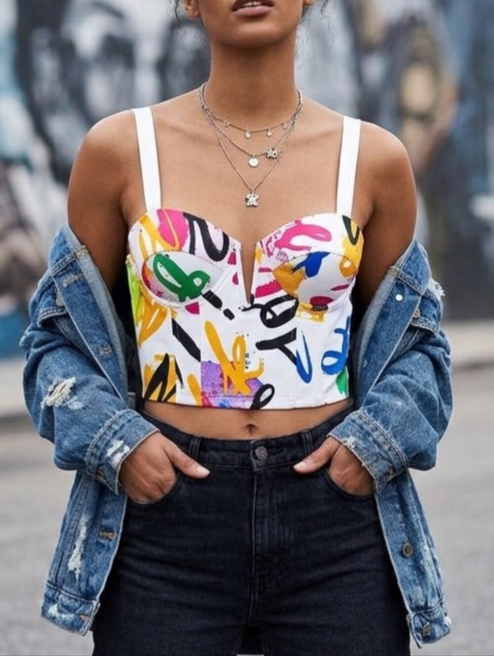 Love X Design "Subway Stop" Graffiti Print Bustier Corset Top New